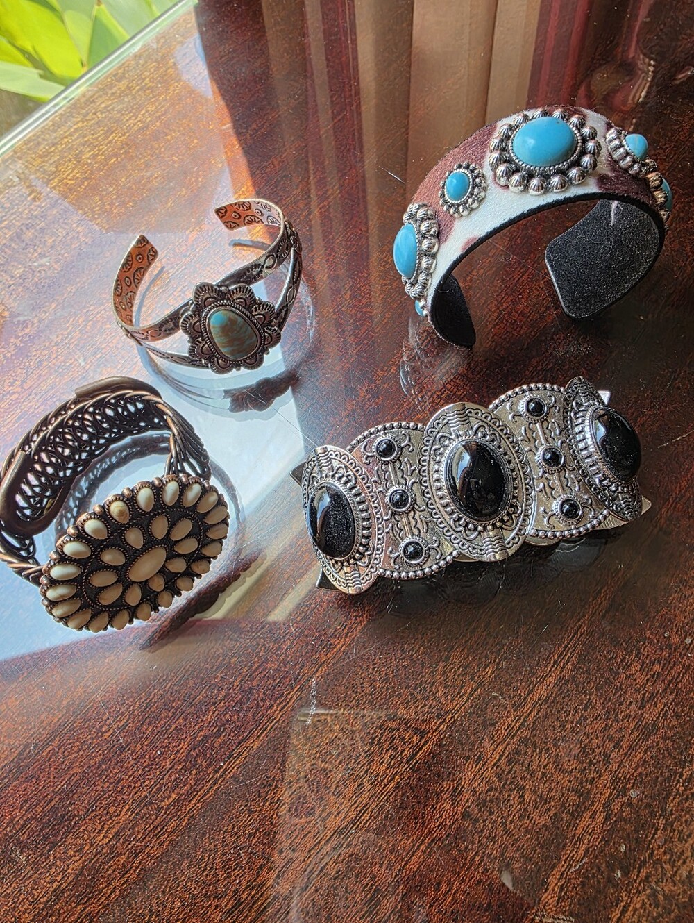 Set Of 4 Boho Southwestern Mixed Metal & Faux Turquoise Cuff Bracelet Set